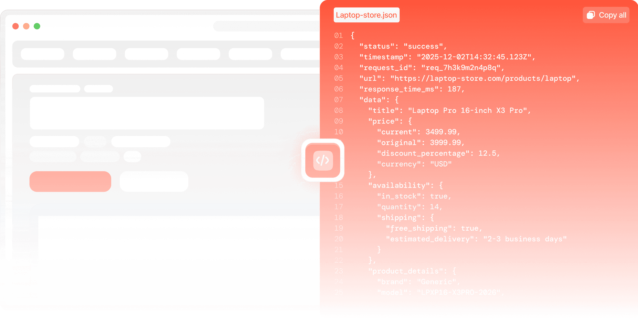 A browser page next to the structured JSON response returned by the Scraper API