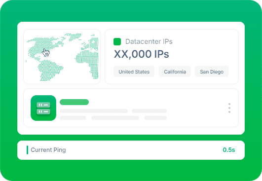 Datacenter IPs dashboard with geo targeting and a 0.5s current ping