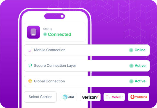 Phone status panel showing a connected mobile proxy with carrier selection