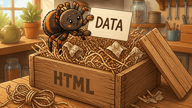 A cartoon spider lifting a neat card labelled DATA out of a packing crate stencilled HTML