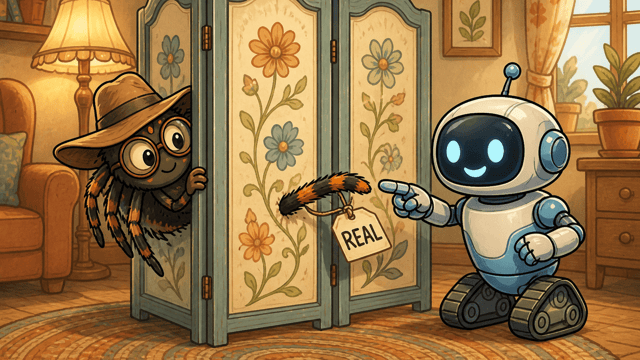A cartoon spider in a hat hiding behind a flowered folding screen, one leg poking through with a luggage tag lettered REAL, a small robot pointing at it