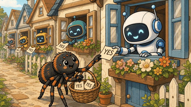 A cartoon spider collecting YES cards in a basket from small robots leaning out of village cottage windows