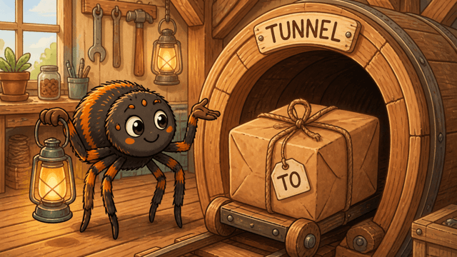 A cartoon spider with a lantern beside a wooden barrel lettered TUNNEL and a sealed parcel tagged TO