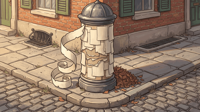 A cast-iron advertising column on a cobbled street corner, papered over with layers of blank overlapping notices, one long strip peeled away and curling into a loose spiral on the pavement beside a drift of fallen leaves.