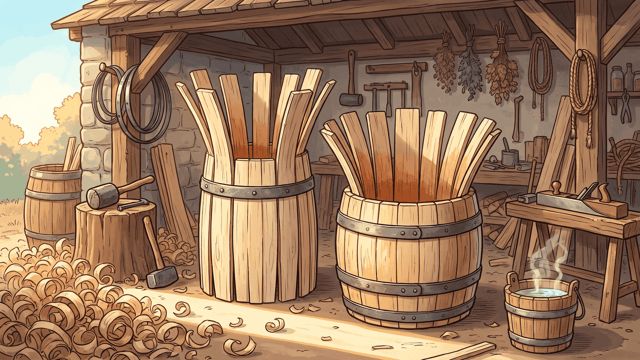 Two barrels being raised in a cooper’s open-fronted yard, their pale staves flared wide open at the top inside iron truss hoops, with mallets, a chopping block and a drift of curled shavings around them.