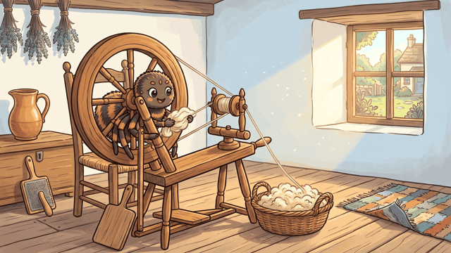 A spider working a wooden treadle spinning wheel, drawing one even thread from a handful of wool onto the bobbin, with a basket of fleece at its side and a cottage window behind.