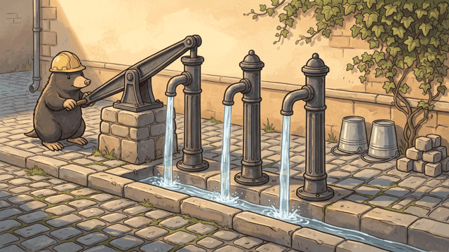 A mole in a hard hat working a rocking beam beside a row of three identical iron pump columns, each of them pouring an even stream of water down into the same stone channel.