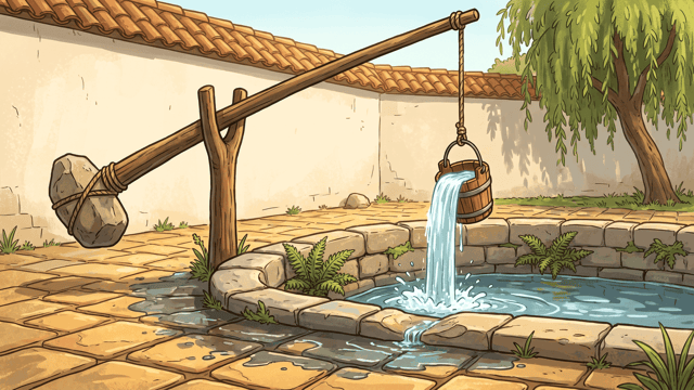 A well sweep with a heavy stone lashed to one end of its long beam and a wooden bucket hanging from the other, brimming over and spilling water down into a stone well basin.