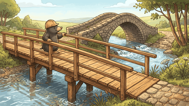 A mole in a hard hat leaning on the handrail of a broad new timber bridge over a stream, with a narrow single-arch stone packhorse bridge crossing the same water behind it.