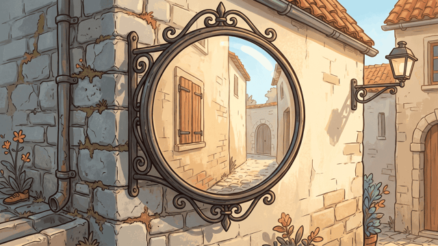 A round convex mirror in an ornamental iron frame mounted on a stone corner, showing an empty cobbled lane with a shuttered window and an arched door and nobody in it.