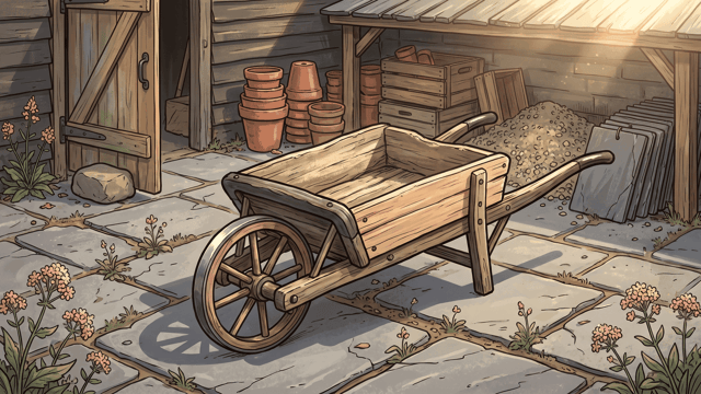 A single-wheeled wooden wheelbarrow standing on the flagstones of a yard, the boards of its bed worn pale and smooth in the middle from years of loads.
