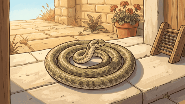 A snake lies coiled in a flat spiral on a pale stone doorstep, its head raised at the centre of the coil.