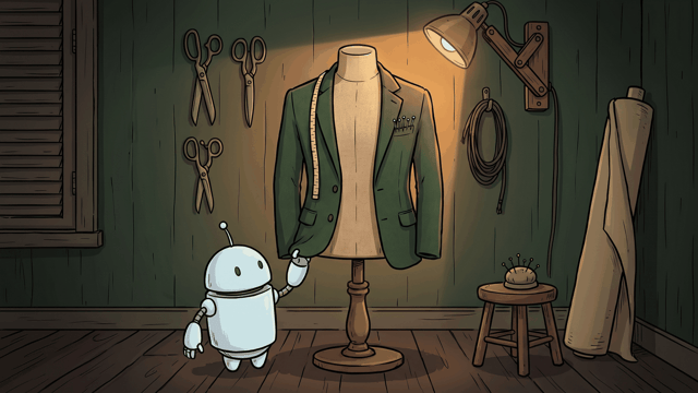 A headless tailor's dress form on a turned wooden stand wears a finished green jacket in a dim workroom, a small round robot standing beside it.