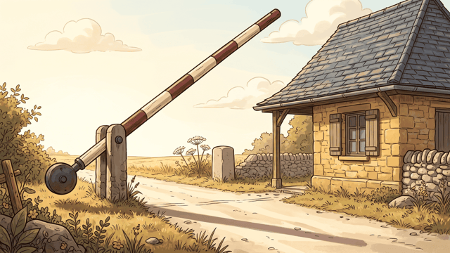 A counterweighted toll bar stands fully raised beside a small stone toll house, leaving the pale lane beneath it clear.