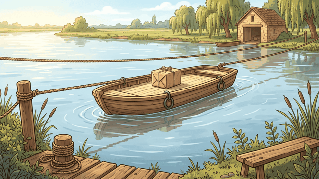 A flat ferry punt carries a single wrapped parcel across calm water along a rope strung between the banks.