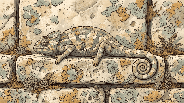A chameleon lies along a lichened stone coping, its colouring matched so closely to the stone that its curled tail tip is the clearest part of its outline.