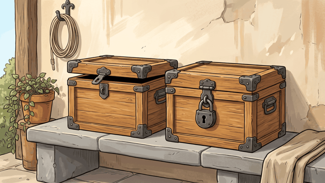 Two matching oak dispatch cases stand on a stone bench, the left one unlocked with its lid raised a crack and the right one shut under a heavy iron padlock.
