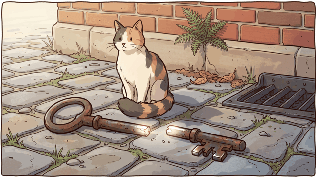 A cat sits on worn cobbles beside a large iron key that lies broken into two pieces.