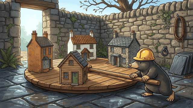 A mole in a yellow hard hat leaning on a long timber handle to push a low round wooden turntable, four small house fronts of different brick, whitewash, stone and timber standing on its deck, one of them facing an opening in the stone yard wall behind.