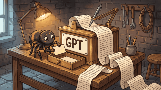 A cartoon spider on a workbench feeding one small blank card into an open wooden drawer in the side of a wooden machine, while a jointed brass arm on top of the machine holds a pen and writes line after line across a long paper strip that spills out and folds over the bench, a large pale plate on the machine front hand-lettered GPT, with a lit desk lamp, hanging tools and a jar of pencils around it.