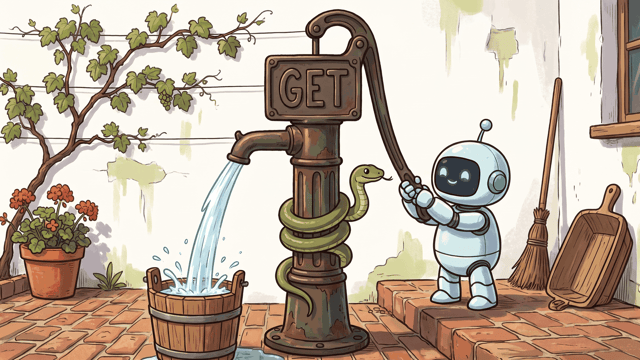 A small round robot pulling the handle of a rusted cast-iron hand pump whose plate reads GET, water arcing from the spout into a wooden bucket while a green snake coils round the pump column.