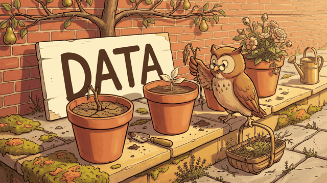 An owl in round spectacles standing on a sunlit stone garden ledge among terracotta flowerpots that run from dry soil with a dead stem, through a small two-leaved seedling, to a bushy plant in full flower, holding the pulled dead stem out in one wing over a wicker trug below, with a cream-painted board lettered DATA in enormous dark-brown capitals leaning against the red brick wall behind and a brass watering can at the far end.