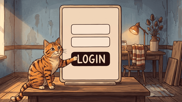 A ginger tabby cat reaching a paw up to a large upright screen showing two blank entry fields above a dark button lettered LOGIN, on a table in a blue-plastered room with a lit desk lamp behind.