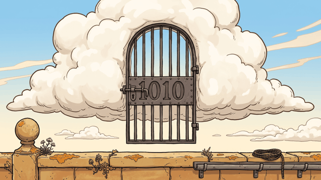 A tall arched iron gate with vertical bars and a bolted plate reading 1010 set into the front of a big white cloud, seen over a sandstone parapet with weeds and a coil of rope on it.