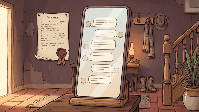 A large handset standing upright in a wooden cradle on a hall table, its screen filled with a stacked column of blank ruled speech bubbles alternating left and right, and on the plum-brown plaster wall behind it a parchment notice pinned flat at both top corners with a dark red wax seal and ribbon at its foot, with a coat hook, hat, scarf, oil lamp, boots and a staircase around it.