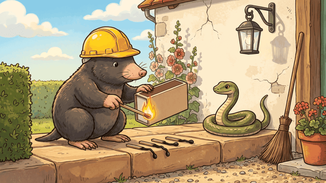 A mole in a yellow hard hat striking a match that has just caught, an open matchbox in its other paw and several burnt spent matches lying on the stone step beside it, watched by a green snake coiled against a whitewashed wall.