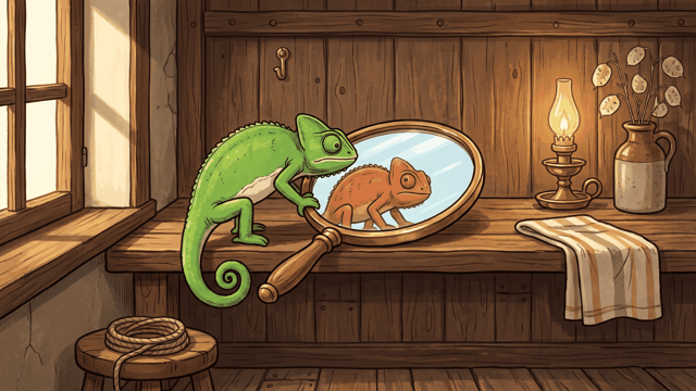 A green chameleon on a wooden shelf holding up a brass-framed hand mirror in which its own reflection appears orange instead of green, beside an oil lamp and a stoneware jug of honesty seed heads.