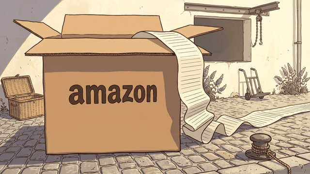 A large cardboard carton hand-lettered amazon in plain dark letters on its front, a long ruled paper receipt strip spilling from the open top, standing in a cobbled loading yard with a hoist beam and a hand truck.
