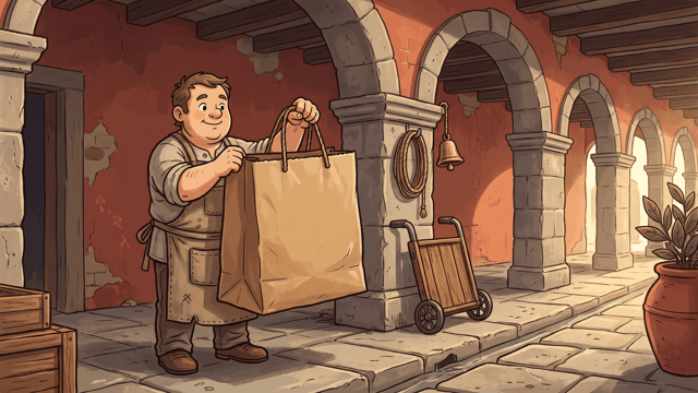 A stout shopkeeper in a canvas apron holding open a big kraft paper shopping bag with rope handles, standing in a stone arcade with terracotta walls, a hanging bell and a wooden hand truck.