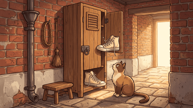 A brown and white cat sitting on a tiled floor looking up at an open wooden locker with a canvas high-top sneaker on the upper shelf and another in the compartment below, in a red brick corridor.