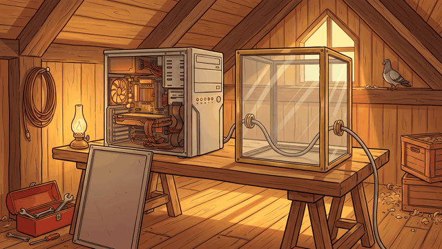 An open computer tower packed with a fan, stacked circuit boards and bundled orange cabling standing on an oak trestle bench in a warm timber loft, beside a glass-walled brass box of the same height that is empty inside except for one grey cable entering one side and leaving the other, with a lit oil lamp, a coil of cable on the wall, a red toolbox on the floor and a pigeon at the gable window.