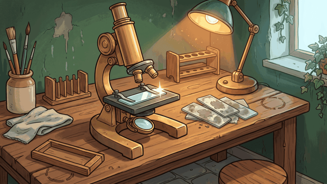 A brass microscope on a workbench with one clean glass slide lit under its lens, beside a stack of smudged and stained slides waiting, in a green-walled room with brushes in a jar and ivy at the window.