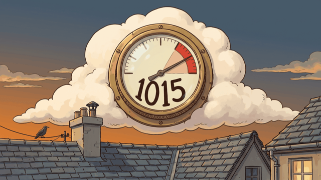 A large brass pressure gauge set into the face of a big white cloud above slate rooftops at dusk, its cream dial numbered 1015 with the needle swung across into a red band, a chimney stack and a bird on a wire below.