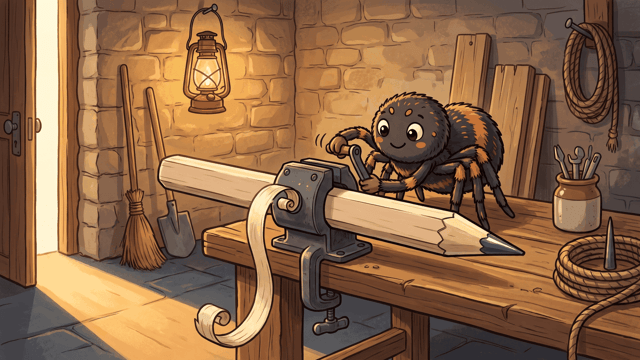 A cartoon spider at a workbench working a blade against an oversized carpenter's pencil clamped in a vice, a long curl of shaving coming off it, with a lit lantern on the stone wall behind.