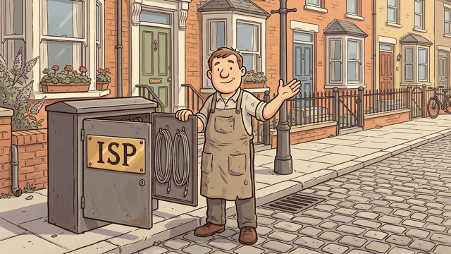 A shopkeeper in an apron standing beside an opened grey street cabinet, coiled cable inside its door and a brass plate lettered ISP on the front, in front of a row of brick terraced houses.
