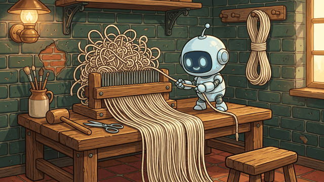 A small round robot drawing a tangled skein of cord through the teeth of a wooden heckling comb, the cord coming out the other side as smooth parallel strands down the bench, in a green glazed-brick workroom.
