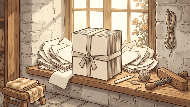 A thick block of paper sheets squared up and tied with cloth tape sitting on a windowsill beside a loose sprawling heap of the same sheets, in a pale stone room with roses at the window.