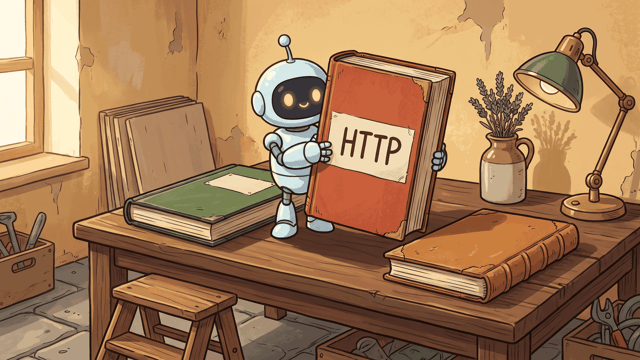 A small round robot holding up a thick red-bound book with a paper label hand-lettered HTTP on its cover, other worn books on the desk beside it and a green-shaded lamp to the right.
