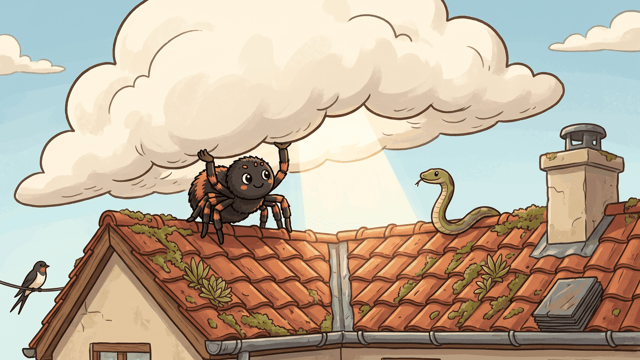 A cartoon spider on a mossy tiled rooftop lifting the underside of a big white cloud with both front legs as if raising a lid, light spilling out beneath it, and a green snake rearing up from the tiles beside it.