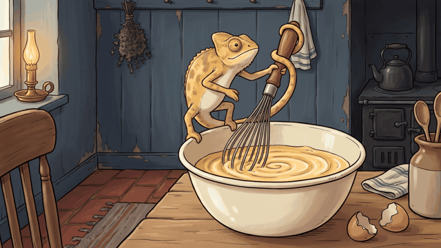 A sandy-yellow chameleon standing at a big white mixing bowl working a balloon whisk through beaten egg, broken shells on the table beside it, in a blue-panelled kitchen with a stove, kettle and oil lamp.