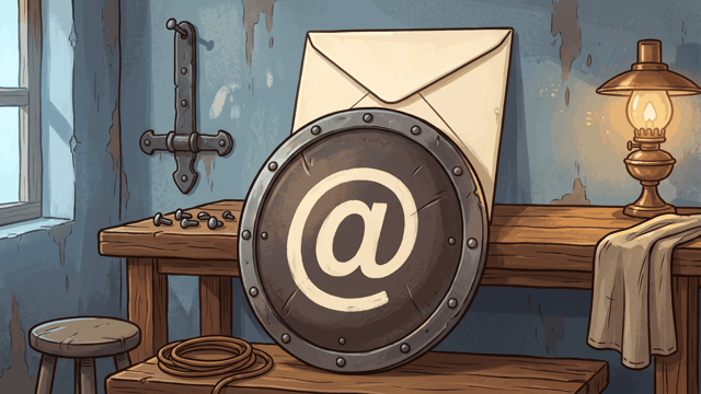 A round riveted dark-iron shield standing on a wooden bench with a large cream at-sign painted across its face, a cream envelope propped upright behind it, a lit brass oil lamp at the right, a coil of cord and a stool below, in a room of worn blue-grey plaster.