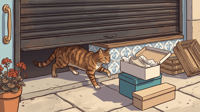 A tabby cat stepping out from under a raised iron roller shutter onto a pale stone pavement, its tail still back in the dark opening and one front paw lifted towards two shoe boxes stacked in front of it, the open top one holding white tissue paper and a plain pale canvas trainer, a third long box lying on the pavement beside them, with a band of blue-and-white azulejo tiles behind and a pot of red geraniums at the left.