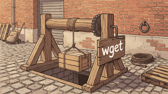 A timber windlass standing over an open hatch in a cobbled yard, its rope lifting one plain wooden crate up out of the hatch, and a wooden board fixed to the frame hand-lettered wget in cream, with an old brick wall, a coil of rope and stacked pallets around it.