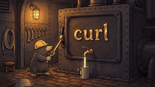A mole in a yellow hard hat pulling down a long lever on the side of a big riveted iron machine whose faceplate carries the word curl in raised brass letters, a brass tap below it running a stream of liquid into a metal mug, in a dim brick-floored engine room lit by a caged amber lamp.