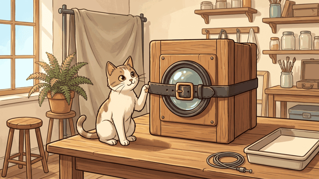 A cat sitting on a scrubbed wooden table with one paw raised towards a wooden plate camera whose round lens is strapped shut by a leather belt buckled across it, with a potted fern on a stool, shelves of glass jars behind and bright daylight at the window.