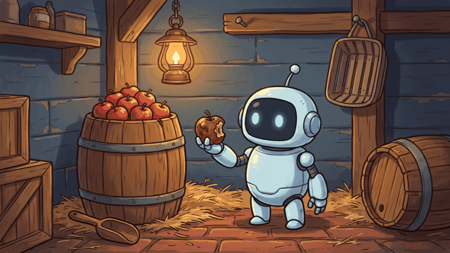 A small round robot standing in a dim timber cellar holding up one brown rotten apple beside an open barrel heaped with sound red apples, straw over the brick floor, a lit lantern hanging above and a second barrel tipped on its side at the right.